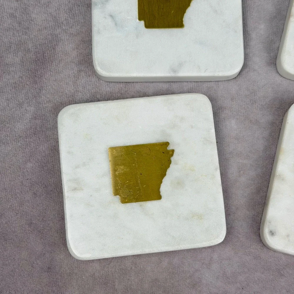 The Royal Standard White Marble Arkansas Brass Inlay Coasters Set of 4